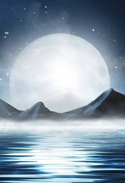 Nachtelijk Zeegezicht Donker Landschap Met Een Mariene Achtergrond Zonsondergang Maan — Stockfoto