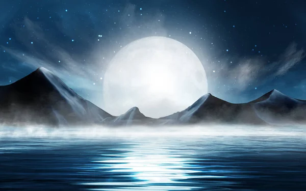 抽象的な自然風景写真 抽象的な風景や島 月明かり 輝きと未来的な夜の風景 水の中の光