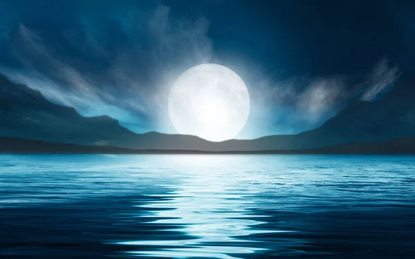 Night seascape. Dark landscape with a marine background and sunset, moon. Abstract night landscape in blue light. Reflection of the moon in the night water. Empty futuristic landscape.