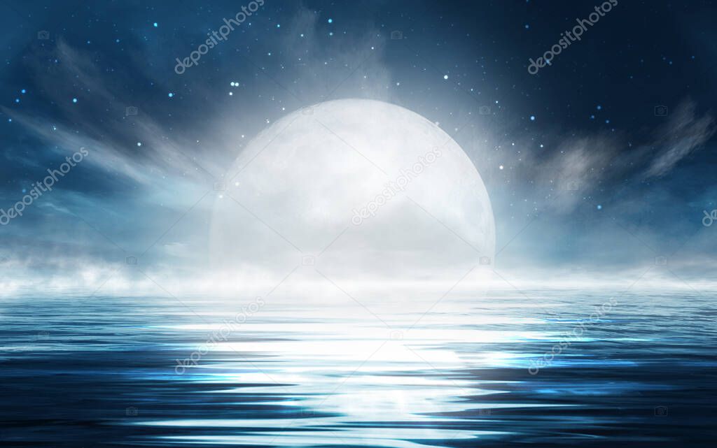 Night seascape. Dark landscape with a marine background and sunset, moon. Abstract night landscape in blue light. Reflection of the moon in the night water. Empty futuristic landscape.