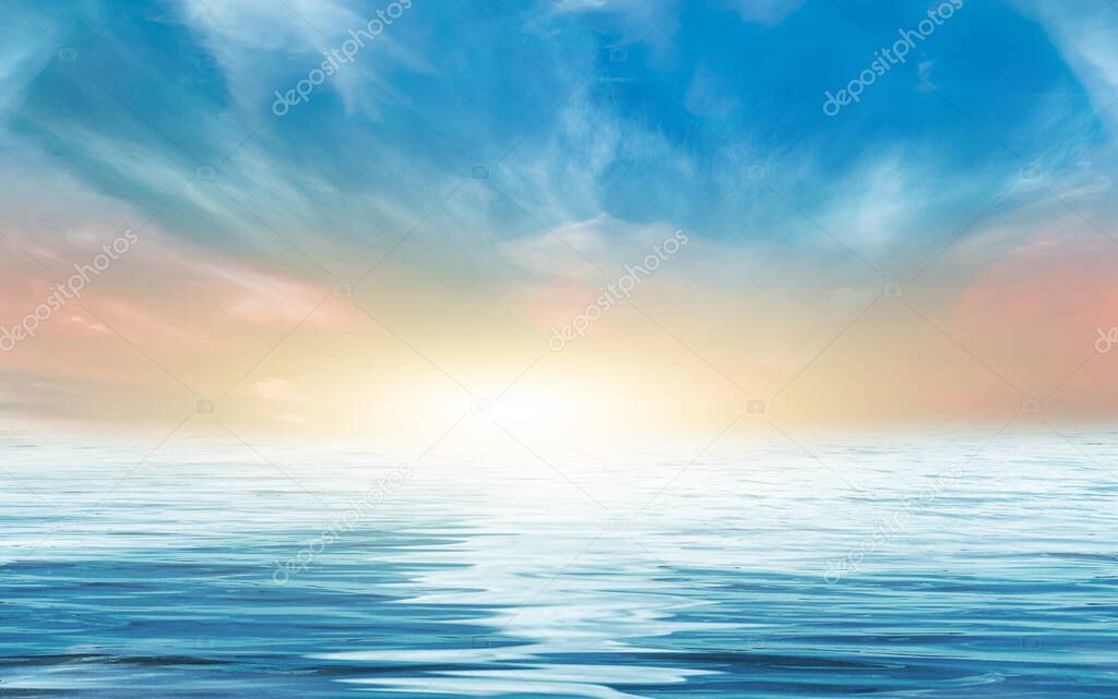 eascape, horizon with sunset. Reflection of light in the water. Empty landscape. Abstraction, nature, sea waves. Natural background.