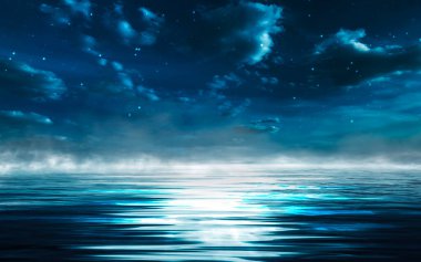 Gece deniz manzarası. Deniz geçmişi ve günbatımı olan karanlık bir manzara, ay. Mavi ışıkta soyut gece manzarası. Ay 'ın gece suyundaki yansıması. Boş gelecekçi manzara.