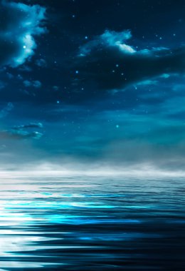 Gece deniz manzarası. Deniz geçmişi ve günbatımı olan karanlık bir manzara, ay. Mavi ışıkta soyut gece manzarası. Ay 'ın gece suyundaki yansıması. Boş gelecekçi manzara.