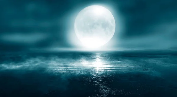 Night seascape. Dark landscape with a marine background and sunset, moon. Abstract night landscape in blue light. Reflection of the moon in the night water. Empty futuristic landscape.