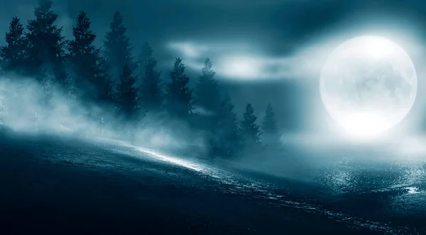 夜景海景具有海洋背景和日落的黑暗景观 摘要蓝光下的夜景 月亮在晚水中的反射 空虚的未来派风景 — 图库照片