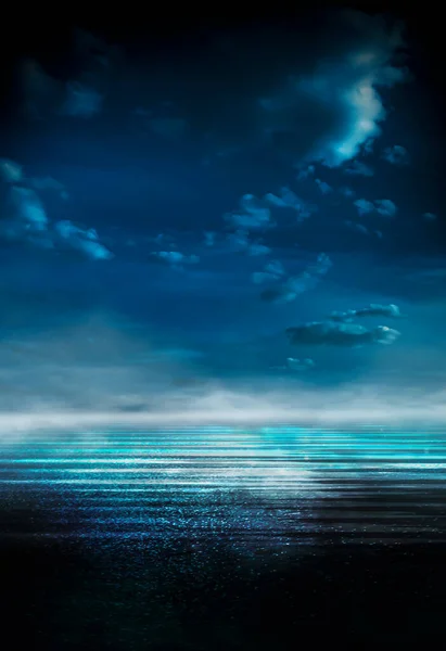 Nächtliche Seelandschaft Dunkle Landschaft Mit Meeresgrund Und Sonnenuntergang Mond Abstrakte — Stockfoto