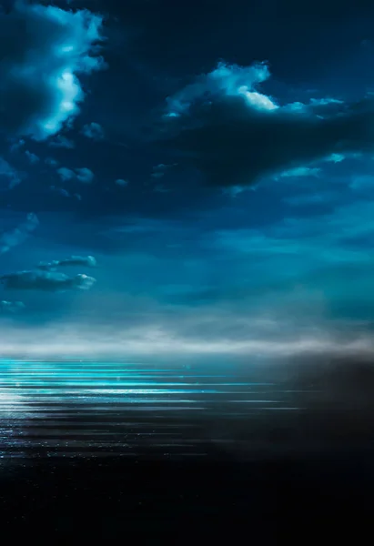 海の背景と日没 月と暗い風景 青い光の中で抽象的な夜の風景 夜の水の中の月の反射 空の未来風景 — ストック写真