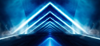 Mavi neon ışıklı tünel, yeraltı geçidi. Soyut mavi arkaplan. Boş, neon ışıklı siyah bir koridorun arka planı. Satır ve parlaklık ile soyut arkaplan