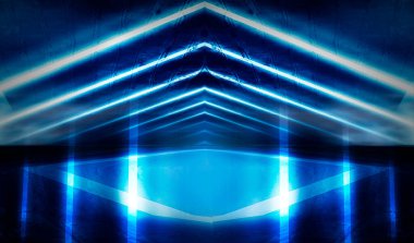 Mavi neon ışıklı tünel, yeraltı geçidi. Soyut mavi arkaplan. Boş, neon ışıklı siyah bir koridorun arka planı. Satır ve parlaklık ile soyut arkaplan