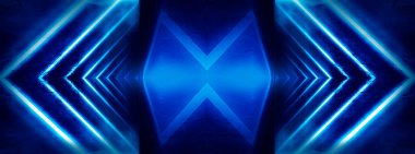 Mavi neon ışıklı tünel, yeraltı geçidi. Soyut mavi arkaplan. Boş, neon ışıklı siyah bir koridorun arka planı. Satır ve parlaklık ile soyut arkaplan