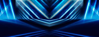 Mavi neon ışıklı tünel, yeraltı geçidi. Soyut mavi arkaplan. Boş, neon ışıklı siyah bir koridorun arka planı. Satır ve parlaklık ile soyut arkaplan