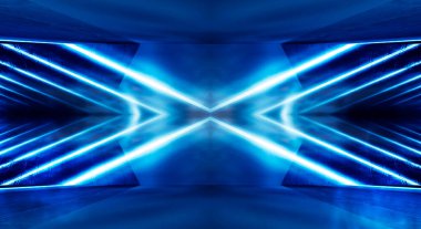 Mavi neon ışıklı tünel, yeraltı geçidi. Soyut mavi arkaplan. Boş, neon ışıklı siyah bir koridorun arka planı. Satır ve parlaklık ile soyut arkaplan