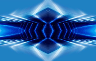 Mavi neon ışıklı tünel, yeraltı geçidi. Soyut mavi arkaplan. Boş, neon ışıklı siyah bir koridorun arka planı. Satır ve parlaklık ile soyut arkaplan