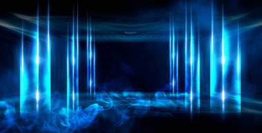 Mavi neon ışıklı tünel, yeraltı geçidi. Soyut mavi arkaplan. Boş, neon ışıklı siyah bir koridorun arka planı. Satır ve parlaklık ile soyut arkaplan