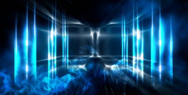 Mavi neon ışıklı tünel, yeraltı geçidi. Soyut mavi arkaplan. Boş, neon ışıklı siyah bir koridorun arka planı. Satır ve parlaklık ile soyut arkaplan