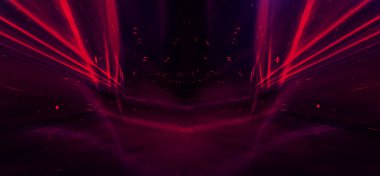Tünel neon ışığı, yeraltı geçidi. Soyut kırmızı arkaplan. Arkaplan siyahı ve neon ışığı boş. Satır ve parlaklık ile soyut arkaplan