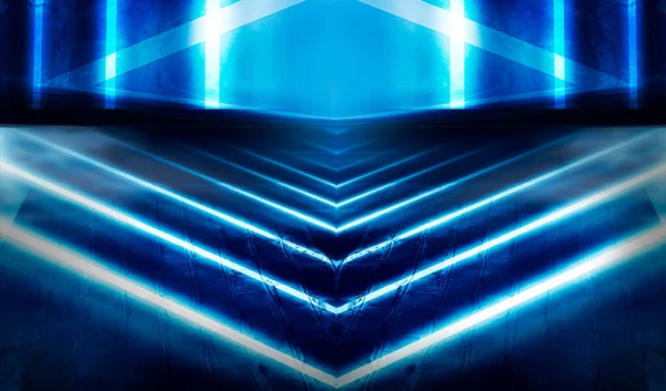 青いネオンライト 地下通路のトンネル 抽象的な青の背景 ネオンと空の黒い廊下の背景 線と輝きのある抽象的な背景 — ストック写真