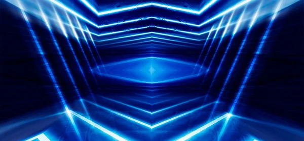 Tunnel in blue neon light, underground passage. Abstract blue background. Background of an empty black corridor with neon light. Abstract background with lines and glow