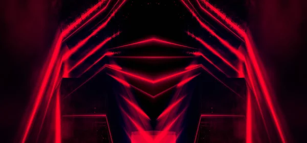 Tunnel neon light, underground passage. Abstract red background. Background black empty with neon light. Abstract background with lines and glow