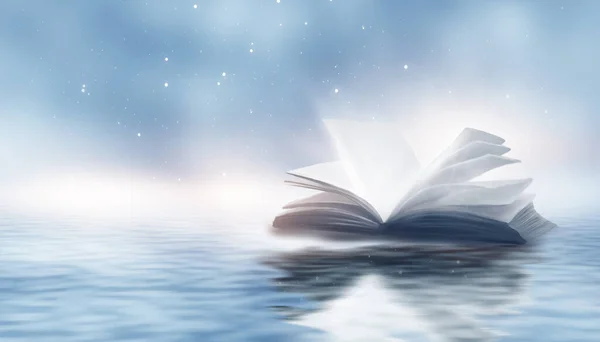 打开那本关于水的书 在水里倒影一本书 有一本书的露天场景 — 图库照片