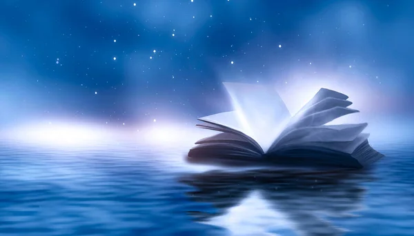 打开那本关于水的书 在水里倒影一本书 有一本书的露天场景 — 图库照片