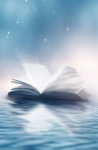 Nyílt Könyv Vízről Egy Könyv Tükröződése Vízben Napfény Szabadtéri Jelenet — Stock Fotó