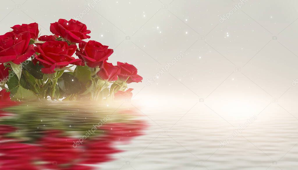 Flowers on the water. Reflection of flowers on the water. Spring bouquet of flowers close-up. Reflection in water. Light abstract floral background with bokeh