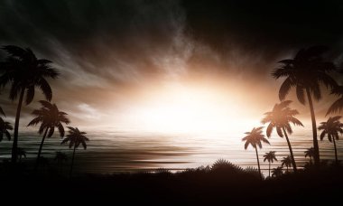 Palmiye ağaçlarıyla gece manzarası, neon bir günbatımının arka planı, yıldızlar. Gün batımında sahilde siluet hindistan cevizi palmiyeleri. Geleceğin manzarası. Neon palmiye ağacı. Tropik gün batımı. 3B illüstrasyon
