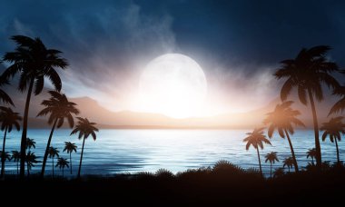 Palmiye ağaçlarıyla gece manzarası, neon bir günbatımının arka planı, yıldızlar. Gün batımında sahilde siluet hindistan cevizi palmiyeleri. Geleceğin manzarası. Neon palmiye ağacı. Tropik gün batımı. 3B illüstrasyon
