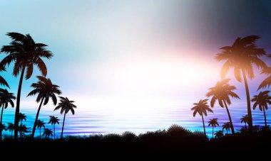 Palmiye ağaçlarıyla gece manzarası, neon bir günbatımının arka planı, yıldızlar. Gün batımında sahilde siluet hindistan cevizi palmiyeleri. Geleceğin manzarası. Neon palmiye ağacı. Tropik gün batımı. 3B illüstrasyon