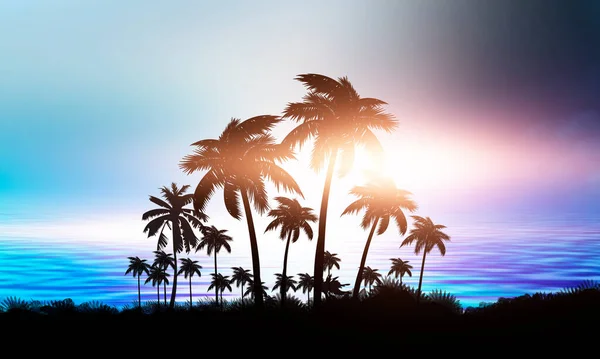 Night landscape with palm trees, against the backdrop of a neon sunset, stars. Silhouette coconut palm trees on beach at sunset. Futuristic landscape. Neon palm tree. Tropical sunset. 3D illustration