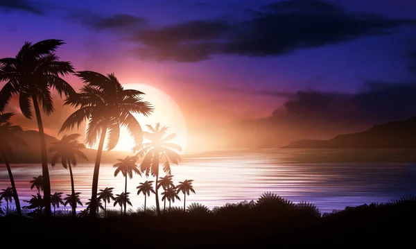 Night landscape with palm trees, against the backdrop of a neon sunset, stars. Silhouette coconut palm trees on beach at sunset. Futuristic landscape. Neon palm tree. Tropical sunset. 3D illustration