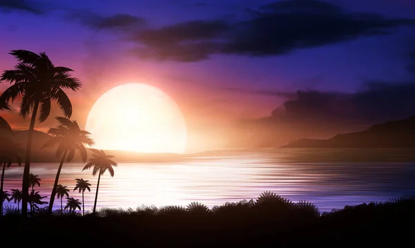夜景与棕榈树相映成趣 背景为霓虹落日 日落时在海滩上的椰子树轮廓 未来的风景 霓虹灯棕榈树热带日落 3D插图 — 图库照片