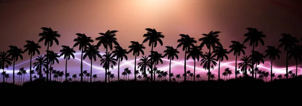 ヤシの木と夜の風景は ネオンの夕日を背景に 夕暮れ時にビーチでシルエットココナッツヤシの木 未来的な風景 ネオンヤシの木 熱帯の夕日 3Dイラスト — ストック写真