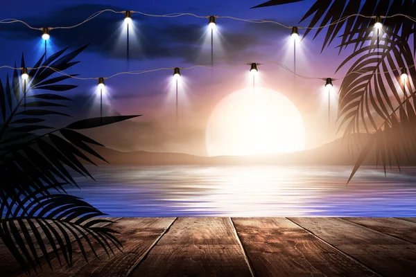Ночной Фонарь Пирсе Фоне Морского Вечернего Пейзажа Закатом Ветви Пальм — стоковое фото