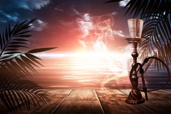 Oriental Hookah Smoke Background Sea Evening Landscape Sunset Palm Tree — Stock Photo, Image