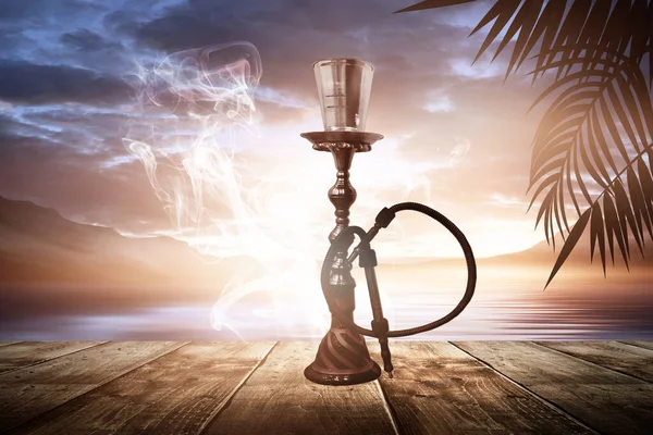 Oriental Hookah Smoke Background Sea Evening Landscape Sunset Palm Tree — Stock Photo, Image