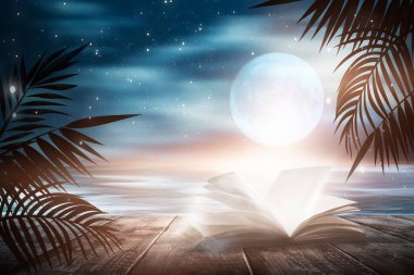 Günbatımlı bir deniz manzarası hakkında açık bir kitap. Palmiye dalları, siluetler, güneş ışığı. Tahta masa. Gece görüşü, açık deniz manzarası. 3B illüstrasyon