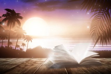 Günbatımlı bir deniz manzarası hakkında açık bir kitap. Palmiye dalları, siluetler, güneş ışığı. Tahta masa. Gece görüşü, açık deniz manzarası. 3B illüstrasyon
