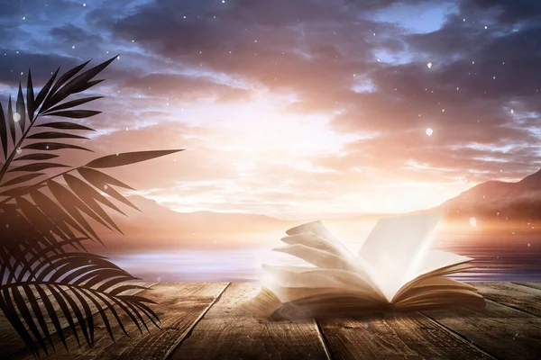 翻开一本关于日落大海晚景背景的书 棕榈树分枝 木制桌子 露天海景 3D插图 — 图库照片