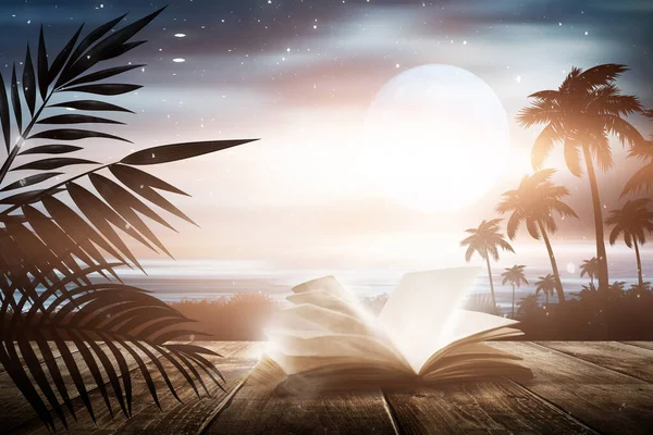 Open book on a background of a sea evening landscape with sunset. Palm tree branches, silhouettes, sunlight. Wooden table. Night view, open-air seascape. 3D illustration