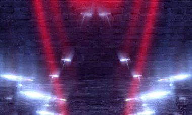 Neon tuğla duvar. Boş eski koridor, koridor, garaj, stüdyo, sahne. Işık, spot ışıkları, noktalar. Duman sisi, mavi, sarı neon ışık. Beton zemin.