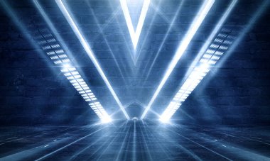 Neon tuğla duvar. Boş eski koridor, koridor, garaj, stüdyo, sahne. Işık, spot ışıkları, noktalar. Duman sisi, mavi, sarı neon ışık. Beton zemin.