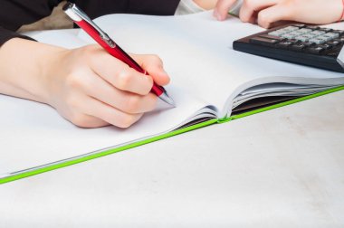 Maliyet hesaplama ve not defterine yazma kadın