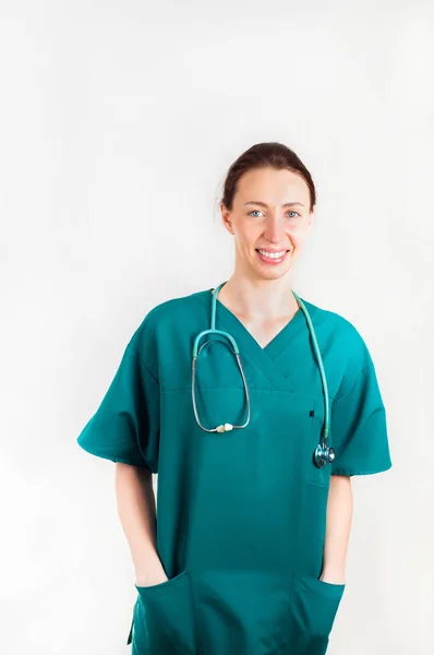 Portrait of young attractive doctor, surgeon, nurse with stethos — Stock Photo, Image