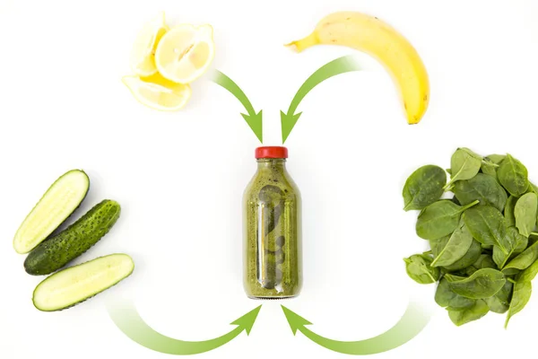 Grüner Smoothie in der Flasche. Zutaten Grünkohl, Banane, Zitrone und Cu — Stockfoto