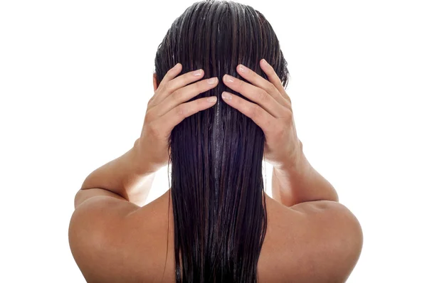 Hair care concept. Back view of woman with long wet hair, white — Stock Photo, Image