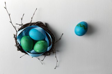 Renkli mavi Paskalya yumurtaları dal içinde iç içe. Mutlu Paskalya kavramı. GRE