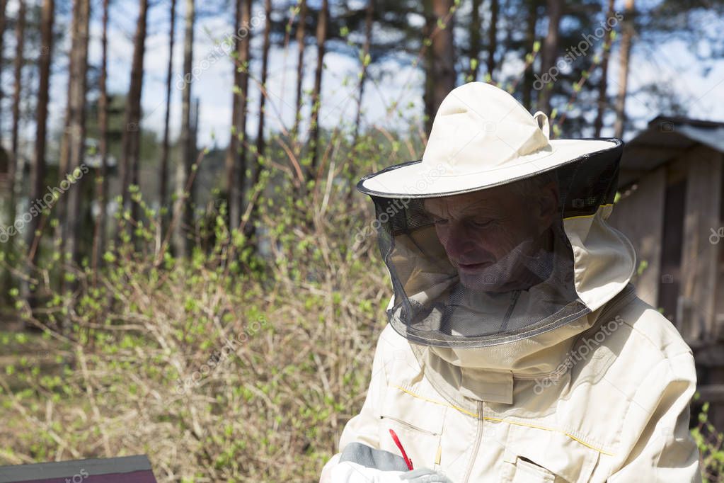 Beekeeper in protective workwear inspecting bee hive