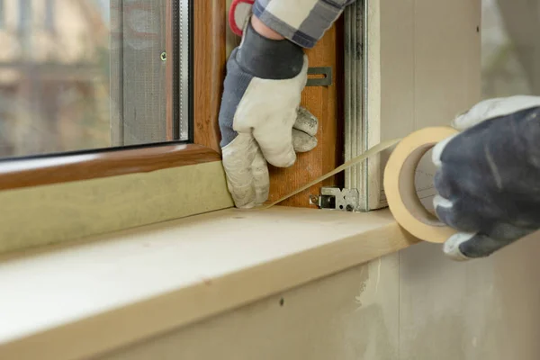 Home improvement handyman installing window in new build attic b — Stock Photo, Image